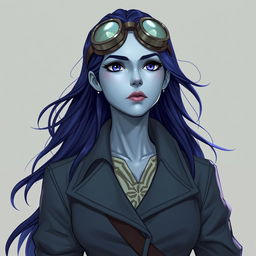 Lucira, illustrated in the style of DnD character art, is a striking figure with sleek silver skin and indigo hair that appears to float faintly