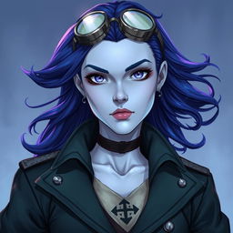 Lucira, illustrated in the style of DnD character art, is a striking figure with sleek silver skin and indigo hair that appears to float faintly