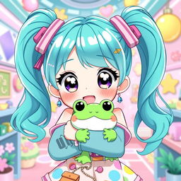 A delightful illustration of a VTuber character with vibrant cyan teal pigtails, styled in playful, energetic ponytails