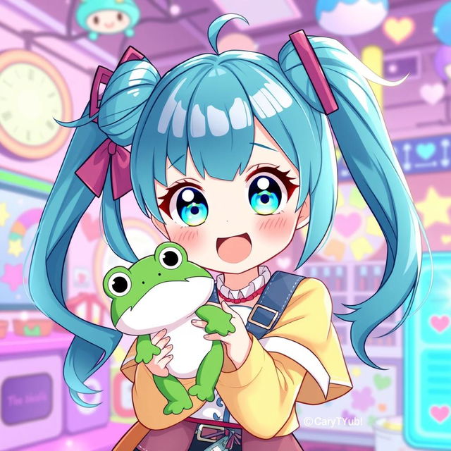 A delightful illustration of a VTuber character with vibrant cyan teal pigtails, styled in playful, energetic ponytails