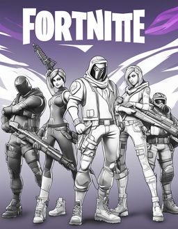 Fortnite-themed colouring sheet featuring an intricate outline of various Fortnite elements.