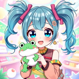A delightful illustration of a VTuber character with vibrant cyan teal pigtails, styled in playful, energetic ponytails