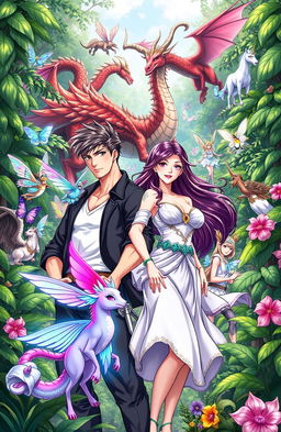 A vibrant and eye-catching fantasy book cover featuring a group of diverse characters in a lush jungle setting