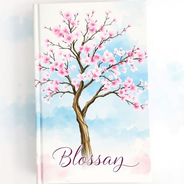 A stunning book cover design featuring a watercolor painting of a cherry blossom tree in full bloom