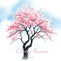 A stunning book cover design featuring a watercolor painting of a cherry blossom tree in full bloom
