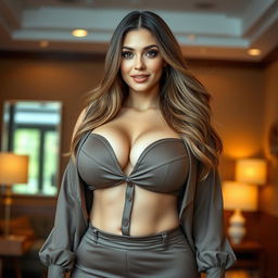 A beautiful, voluptuous woman with large breasts, radiating confidence and charm