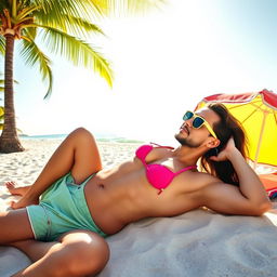 A young woman in a stylish bikini lounging comfortably on a man's chest on a tropical beach
