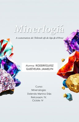 A visually striking cover page for a mineralogy subject, featuring the title 'Mineralogía' prominently at the top