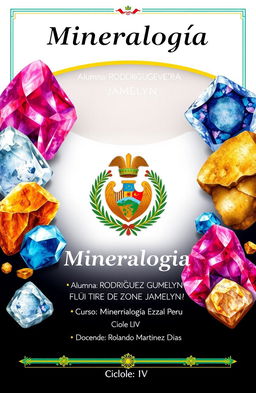 A visually striking cover page for a mineralogy subject, featuring the title 'Mineralogía' prominently at the top