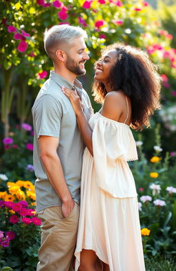 An interracial couple, with the man being white and the woman having brown skin and curly hair