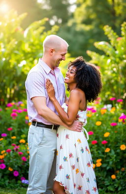 An interracial couple, with the man being white and the woman having brown skin and curly hair
