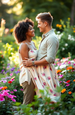 An interracial couple, with the man being white and the woman having brown skin and curly hair