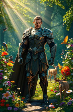 A powerful figure standing confidently in a lush green forest, embodying strength and charisma