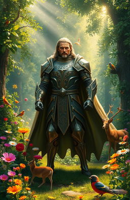 A powerful figure standing confidently in a lush green forest, embodying strength and charisma