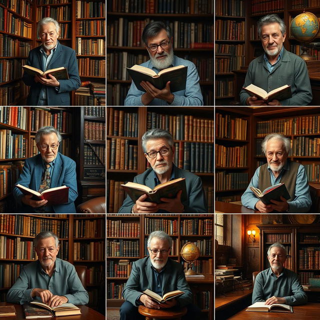 A series of portraits showcasing diverse book collectors surrounded by books and libraries