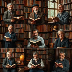 A series of portraits showcasing diverse book collectors surrounded by books and libraries