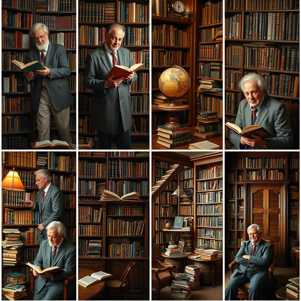 A series of portraits showcasing diverse book collectors surrounded by books and libraries