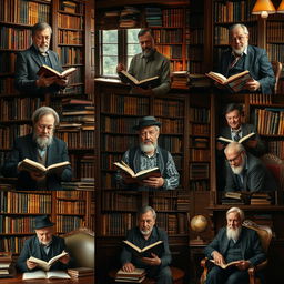 A series of portraits showcasing diverse book collectors surrounded by books and libraries
