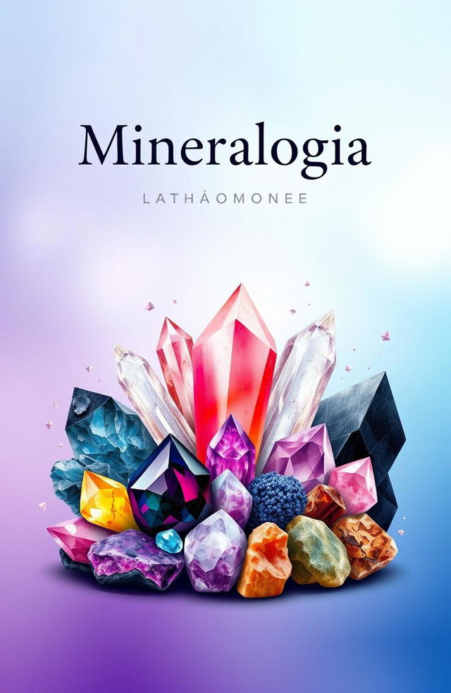 A beautiful book cover design for mineralogy, featuring an artistic arrangement of colorful minerals and crystals, such as amethyst, quartz, and obsidian