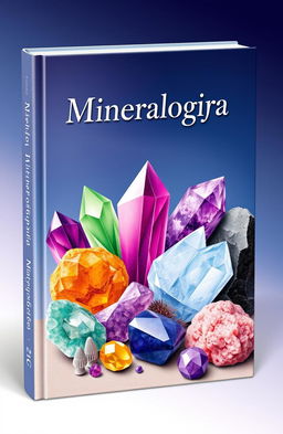 A beautiful book cover design for mineralogy, featuring an artistic arrangement of colorful minerals and crystals, such as amethyst, quartz, and obsidian