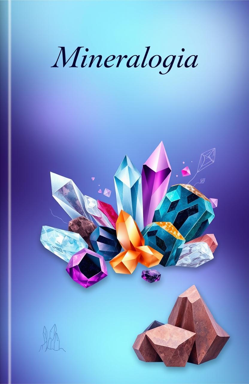 A beautiful book cover design for mineralogy, featuring an artistic arrangement of colorful minerals and crystals, such as amethyst, quartz, and obsidian