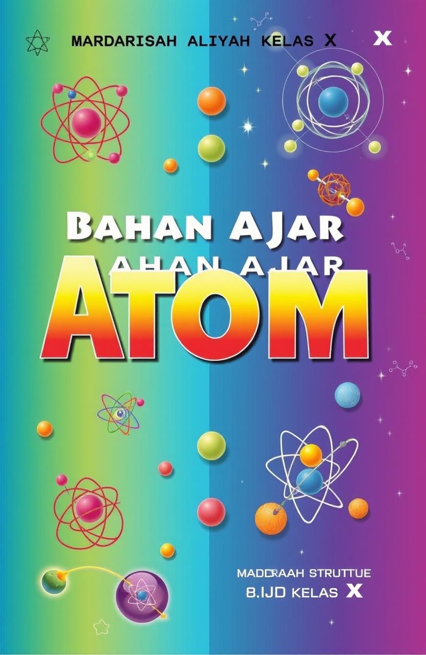 A vibrant and engaging book cover design for "Bahan Ajar Struktur Atom" aimed at Madrasah Aliyah Kelas X