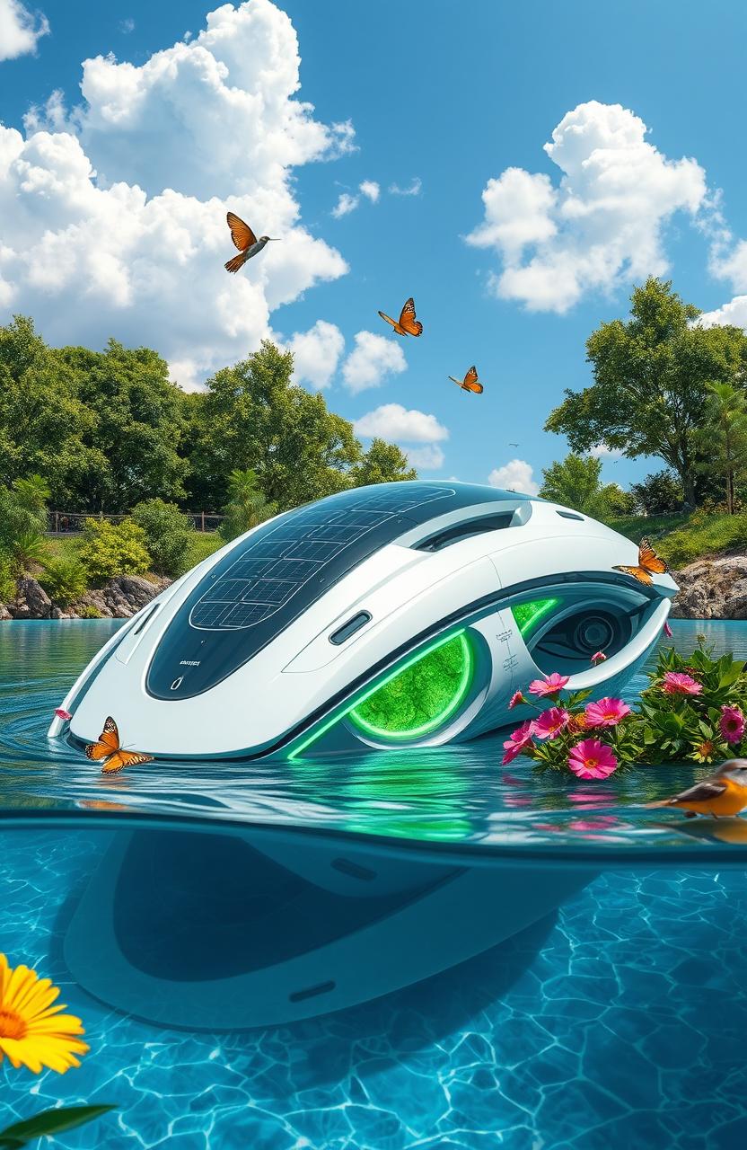 A beautifully designed futuristic module, showcasing sleek, aerodynamic lines and a sophisticated exterior with integrated solar panels and bio-luminescent features