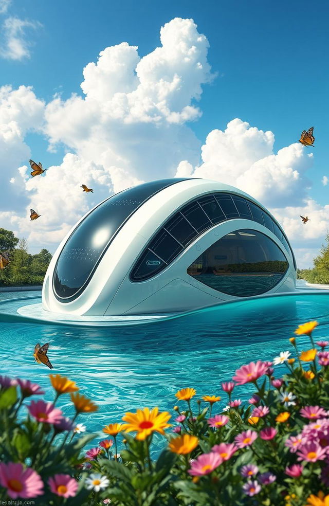 A beautifully designed futuristic module, showcasing sleek, aerodynamic lines and a sophisticated exterior with integrated solar panels and bio-luminescent features