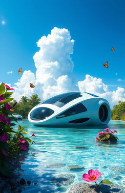 A beautifully designed futuristic module, showcasing sleek, aerodynamic lines and a sophisticated exterior with integrated solar panels and bio-luminescent features