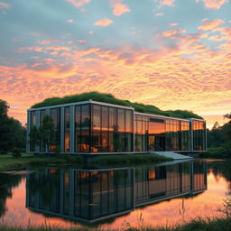 A futuristic modular building, featuring innovative architecture with transparent walls and green roofs, blending seamlessly with its natural surroundings