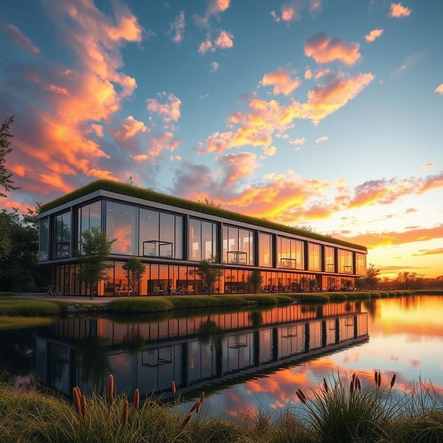 A futuristic modular building, featuring innovative architecture with transparent walls and green roofs, blending seamlessly with its natural surroundings