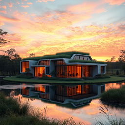 A futuristic modular building, featuring innovative architecture with transparent walls and green roofs, blending seamlessly with its natural surroundings
