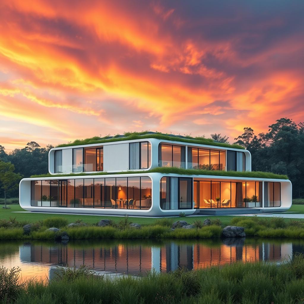 A futuristic modular building, featuring innovative architecture with transparent walls and green roofs, blending seamlessly with its natural surroundings