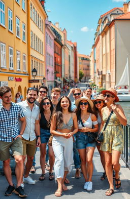 A vibrant scene in Stockholm featuring a group of 12 cheerful Portuguese friends