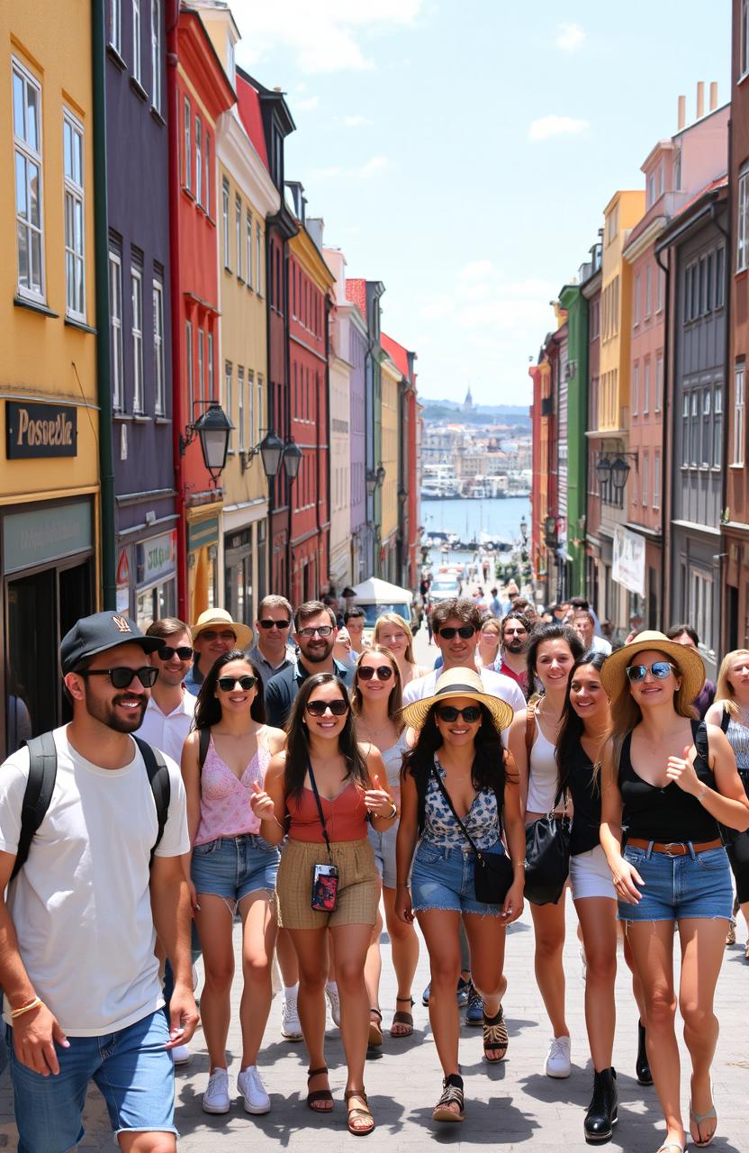 A vibrant scene in Stockholm featuring a group of 12 cheerful Portuguese friends