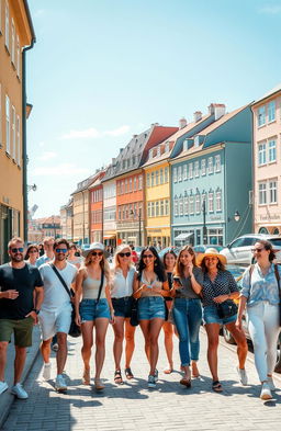 A vibrant scene in Stockholm featuring a group of 12 cheerful Portuguese friends