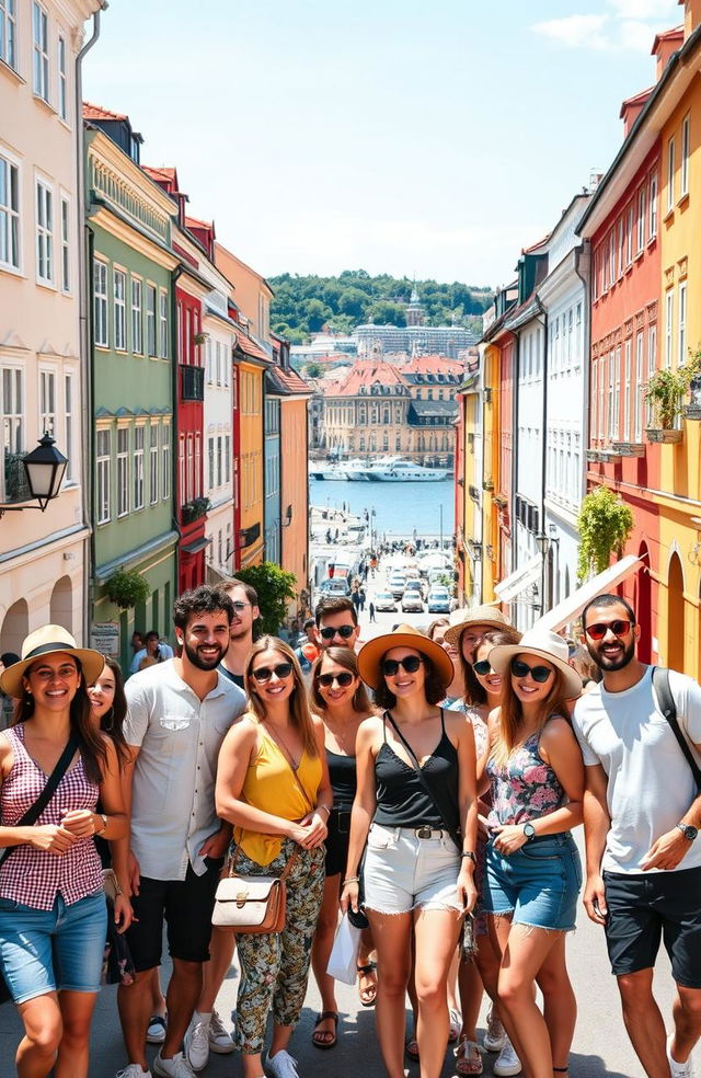 A vibrant scene in Stockholm featuring a group of 12 cheerful Portuguese friends