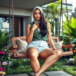 A full-body image of a beautiful 21-year-old woman with Arab features, presenting a stylish and captivating appearance