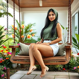 A full-body image of a beautiful 21-year-old woman with Arab features, presenting a stylish and captivating appearance