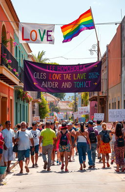 An artistic representation depicting the social issue of homophobia in the context of a small town
