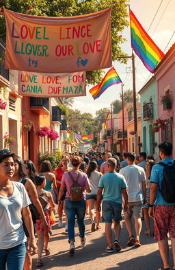 An artistic representation depicting the social issue of homophobia in the context of a small town