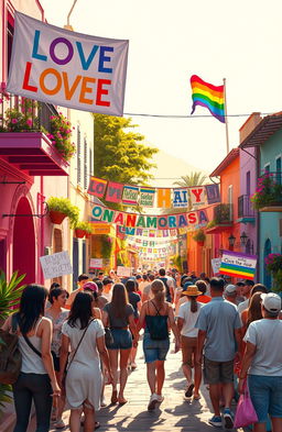 An artistic representation depicting the social issue of homophobia in the context of a small town