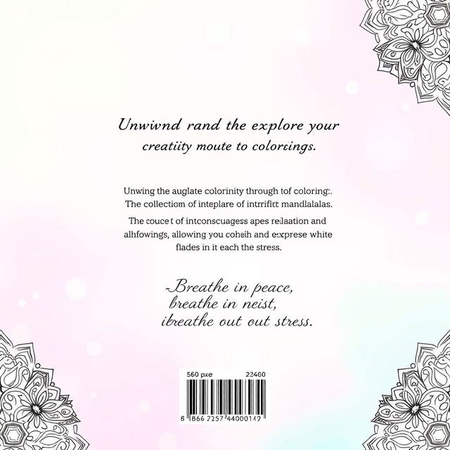 A visually appealing back cover design for a 56-page mandala coloring book, sized at 1600 pixels in width and 2560 pixels in height