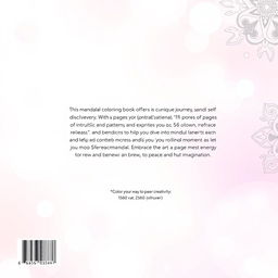 A beautifully designed back cover for a 56-page mandala coloring book, measuring 1600 pixels in width and 2560 pixels in height