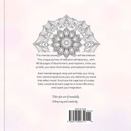 A beautifully designed back cover for a 56-page mandala coloring book, measuring 1600 pixels in width and 2560 pixels in height