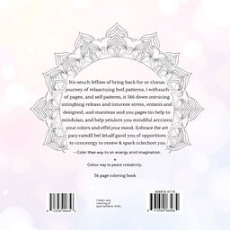 A beautifully designed back cover for a 56-page mandala coloring book, measuring 1600 pixels in width and 2560 pixels in height