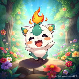 A lively and whimsical creature inspired by Guoba from Genshin Impact, depicted in a chibi art style