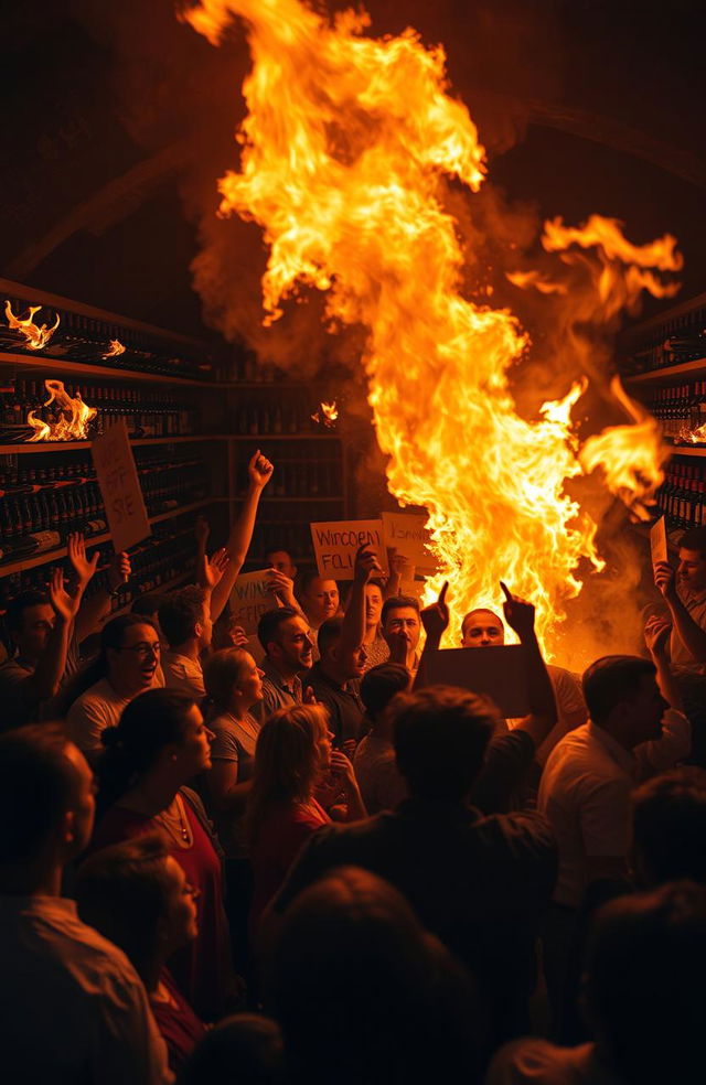 A dramatic scene depicting a group of passionate protesters gathered in a wine cellar, which is engulfed in flames