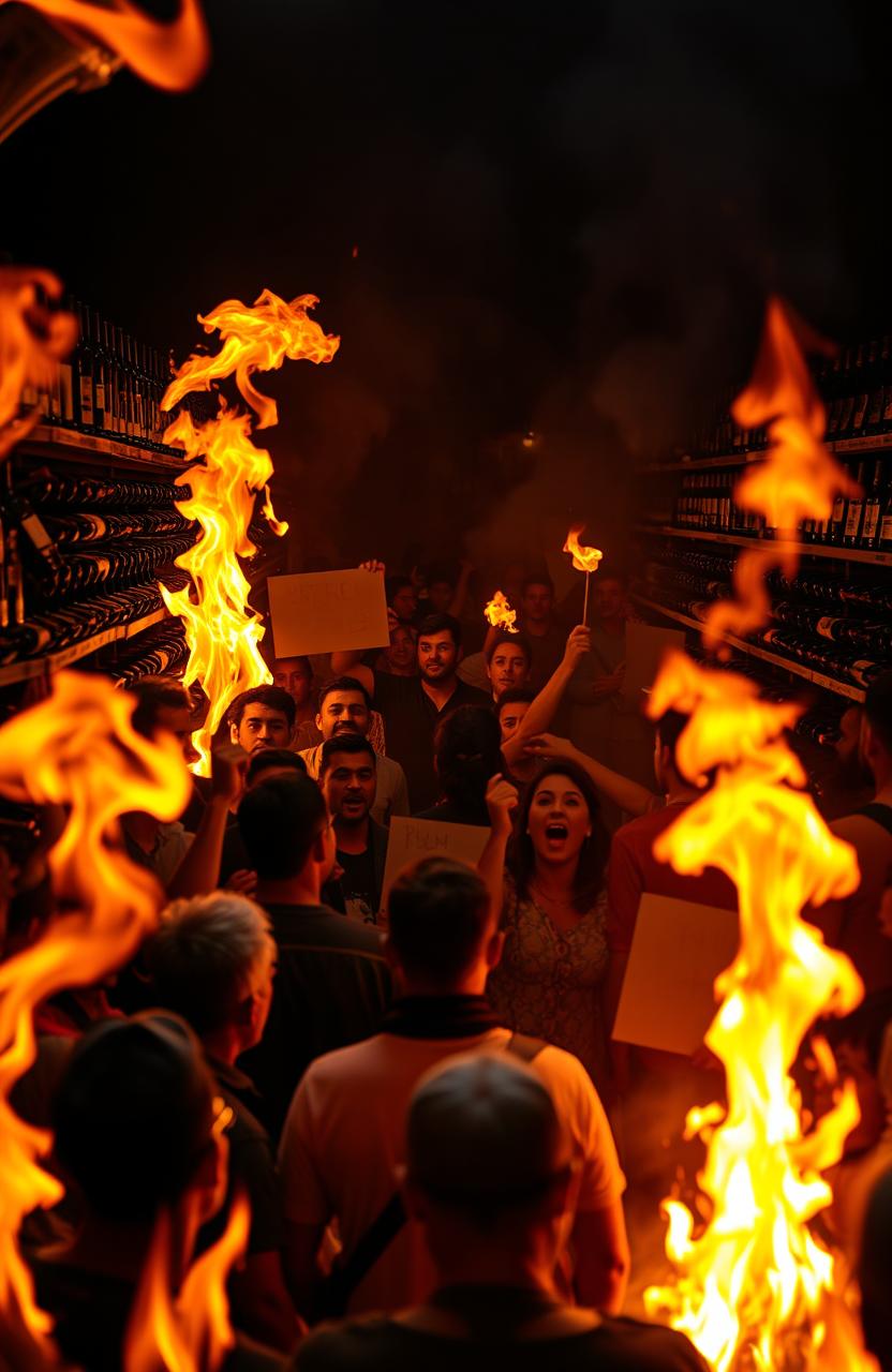 A dramatic scene depicting a group of passionate protesters gathered in a wine cellar, which is engulfed in flames