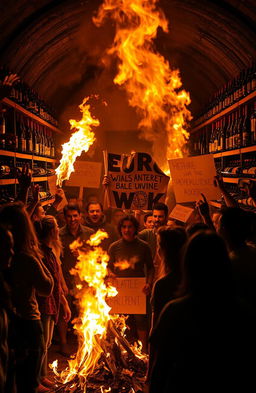 A dramatic scene depicting a group of passionate protesters gathered in a wine cellar, which is engulfed in flames